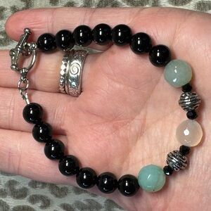 Green Agate & Black Obsidian Crystal Gemstone Toggle Bracelet Natural Healing